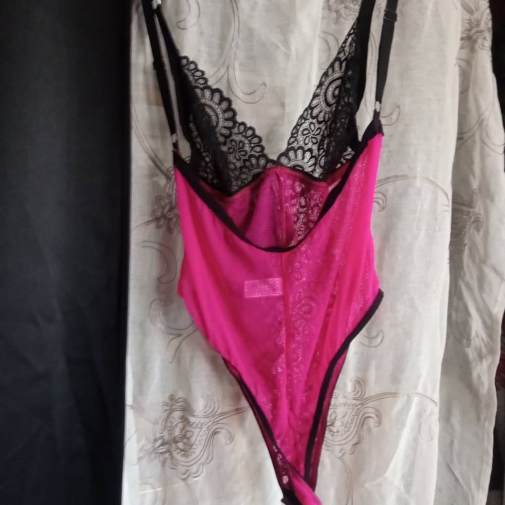 Pink black lace teddy